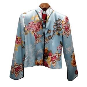 Vintage JS Collections Petite Silk Floral Cropped Jacket Blue Size 4P